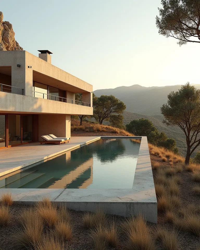 Villa V.01, vista esterna con piscina e paesaggio mediterraneo
